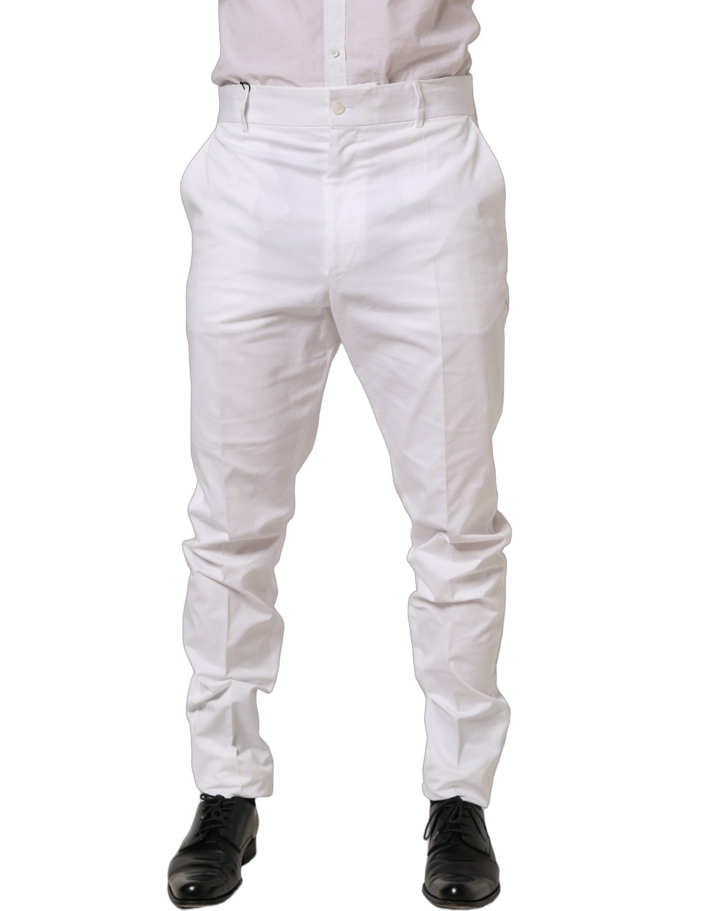 White Cotton Tapered Leg Dress Trouser Pants