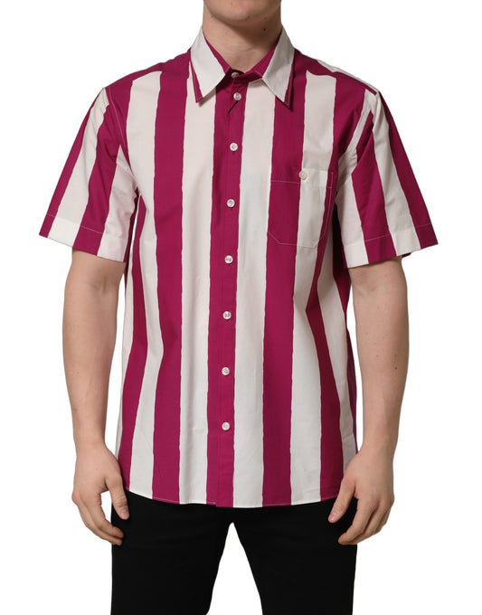 White Maroon Striped Men Short Sleeves Shirt