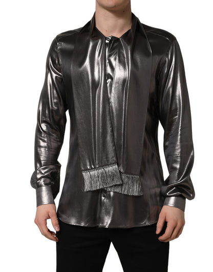 Silver Satin Silk Long Sleeves Men Dress Shirt