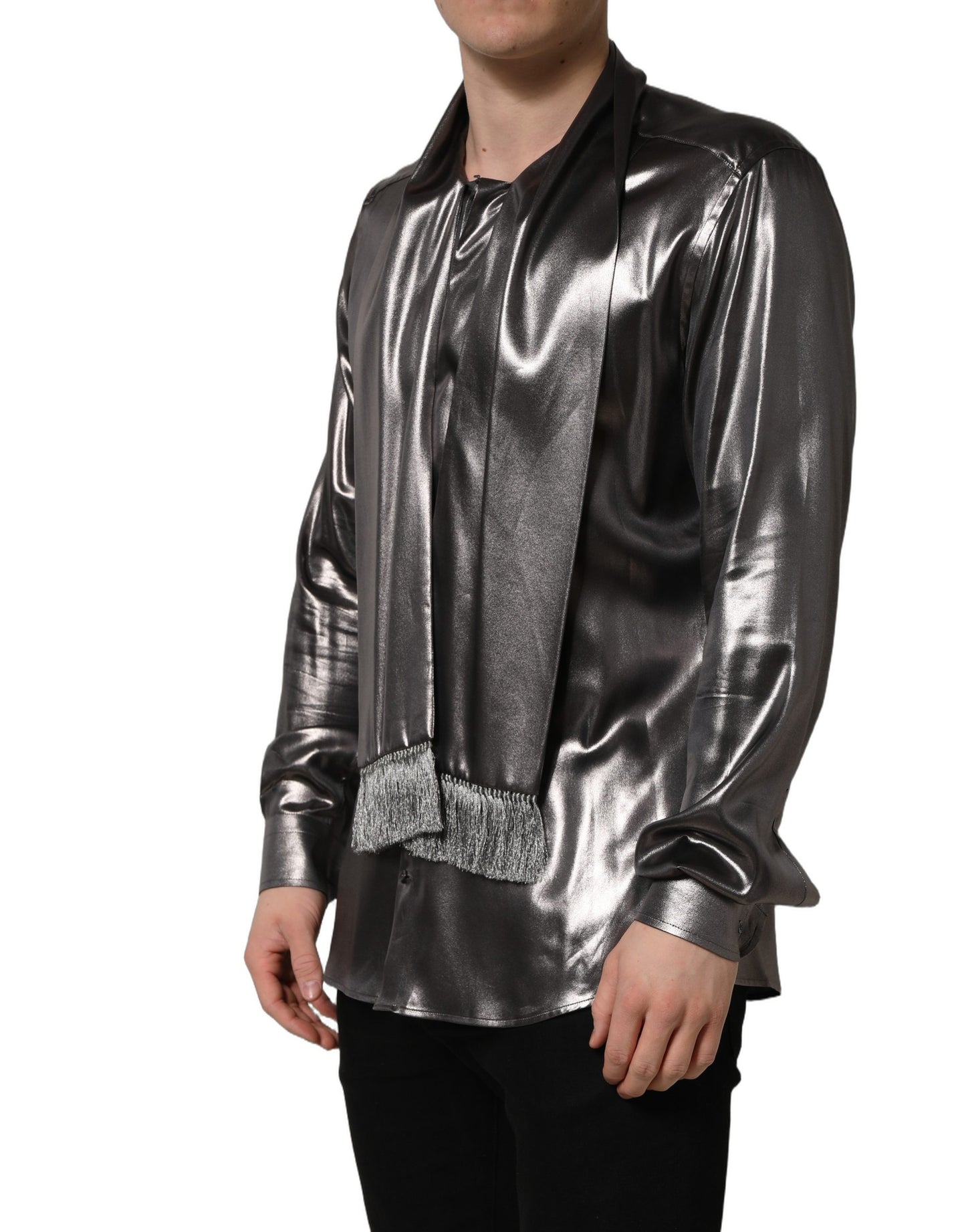 Silver Satin Silk Long Sleeves Men Dress Shirt