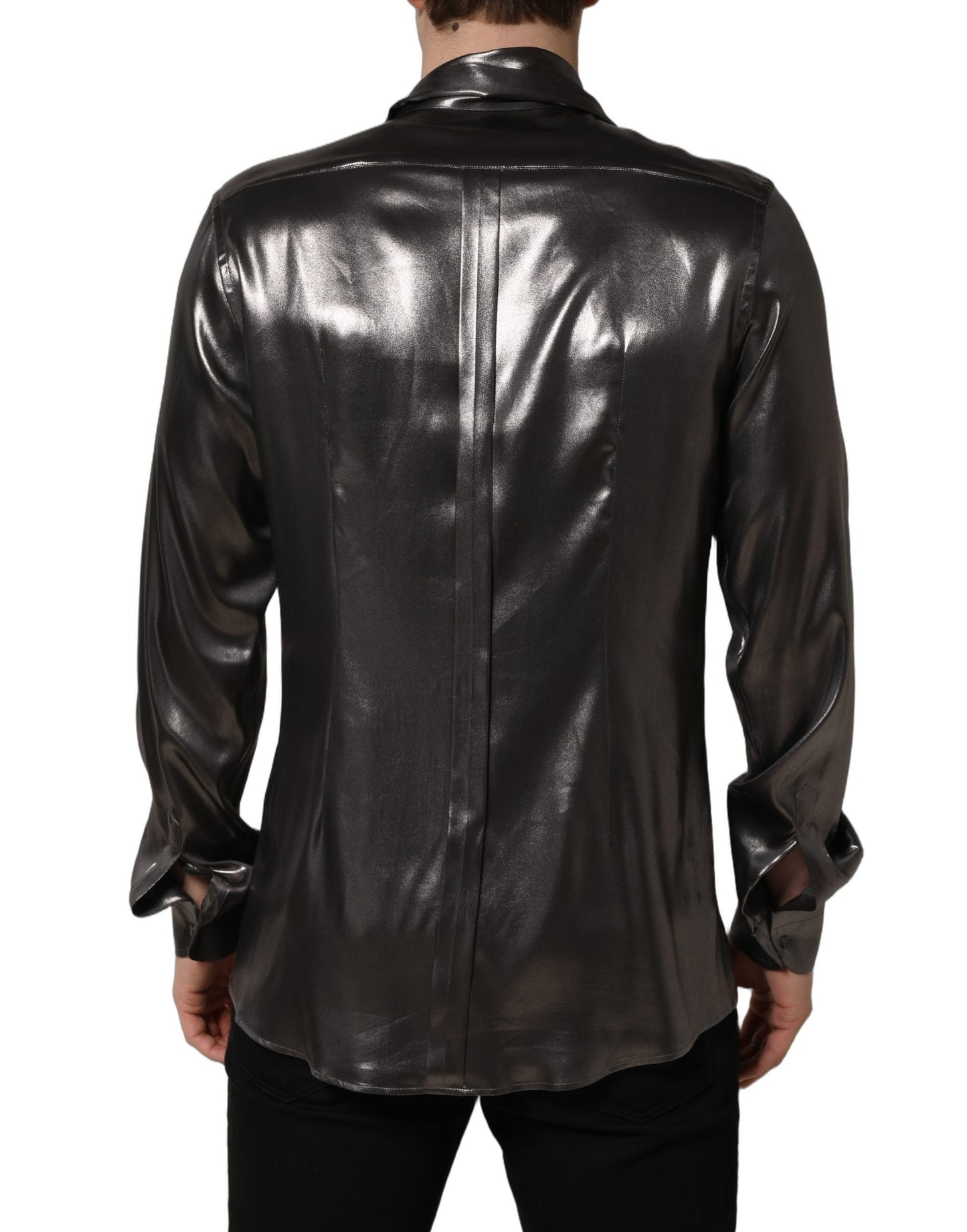 Silver Satin Silk Long Sleeves Men Dress Shirt