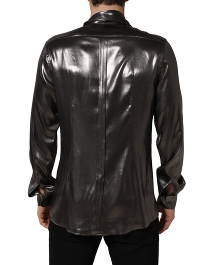 Silver Satin Silk Long Sleeves Men Dress Shirt
