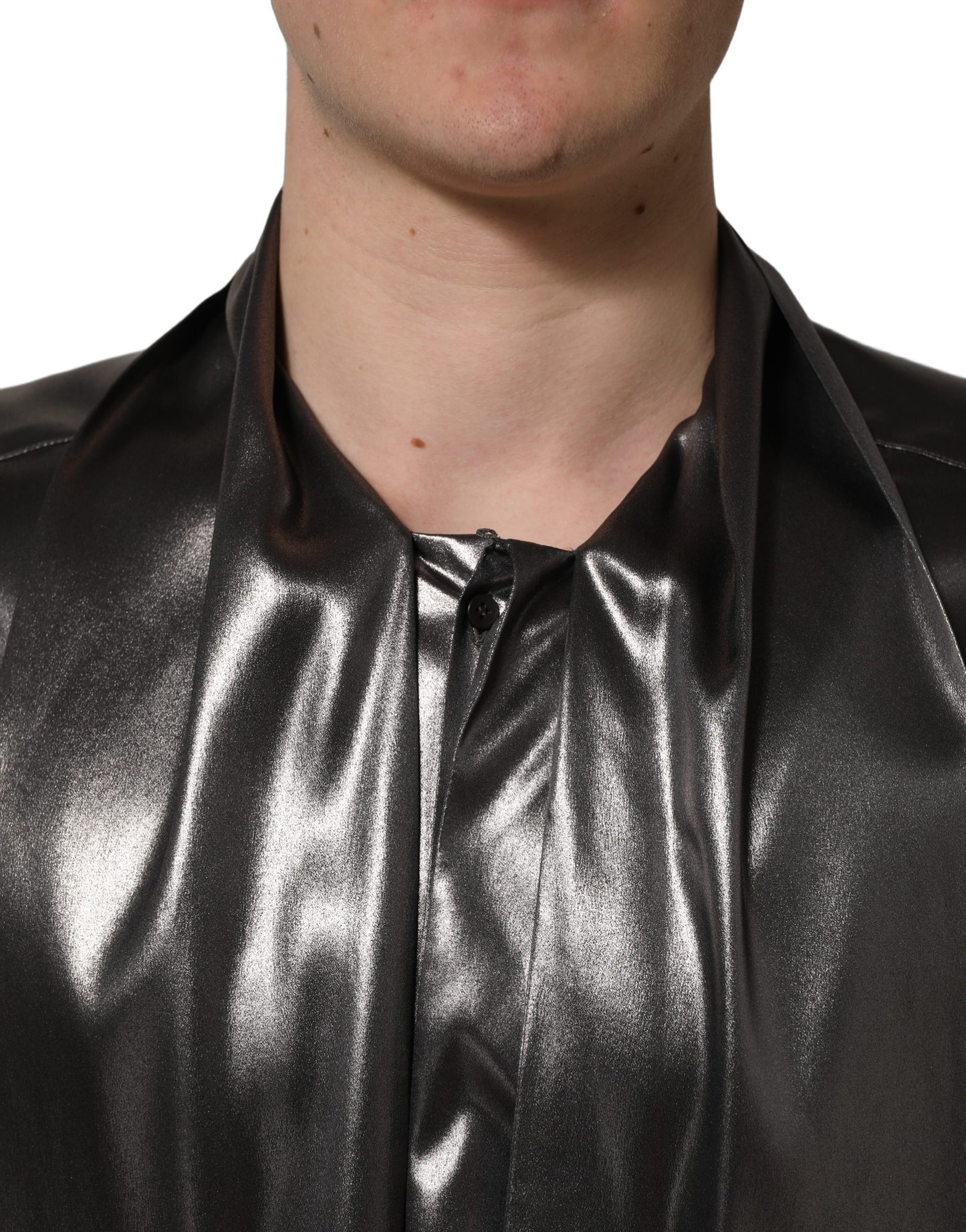 Silver Satin Silk Long Sleeves Men Dress Shirt