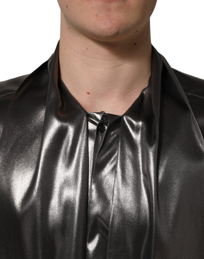 Silver Satin Silk Long Sleeves Men Dress Shirt