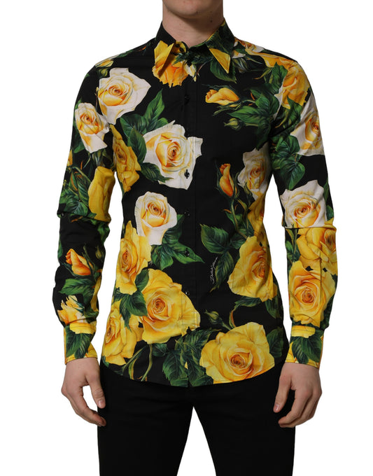 Black Floral Stretch Cotton SICILIA Fit Dress Shirt