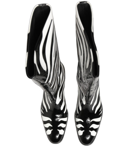 Black White Zebra Knee High Men Boots Shoes