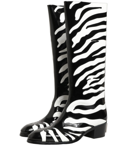 Black White Zebra Knee High Men Boots Shoes