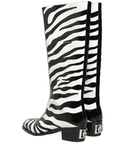 Black White Zebra Knee High Men Boots Shoes