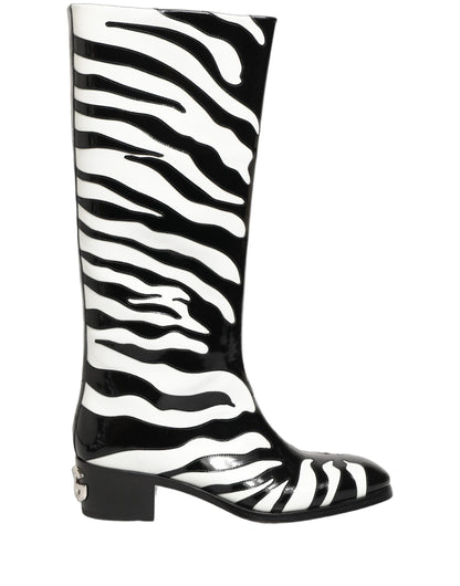 Black White Zebra Knee High Men Boots Shoes