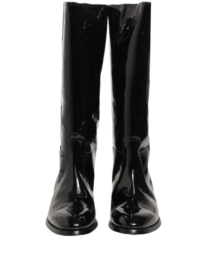 Black Leather Knee High Heels Boots Shoes