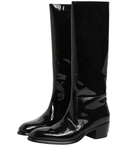 Black Leather Knee High Heels Boots Shoes