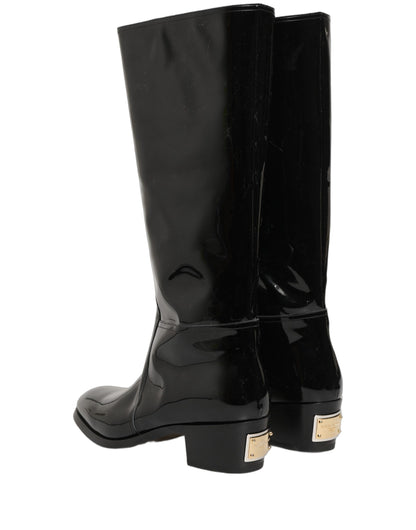 Black Leather Knee High Heels Boots Shoes