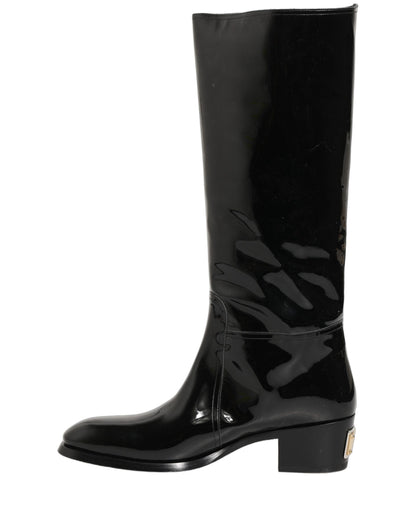 Black Leather Knee High Heels Boots Shoes