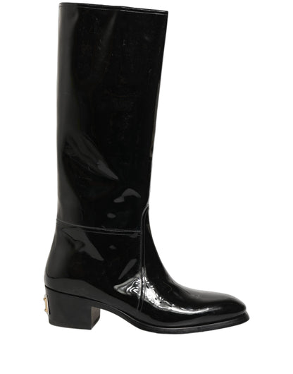 Black Leather Knee High Heels Boots Shoes