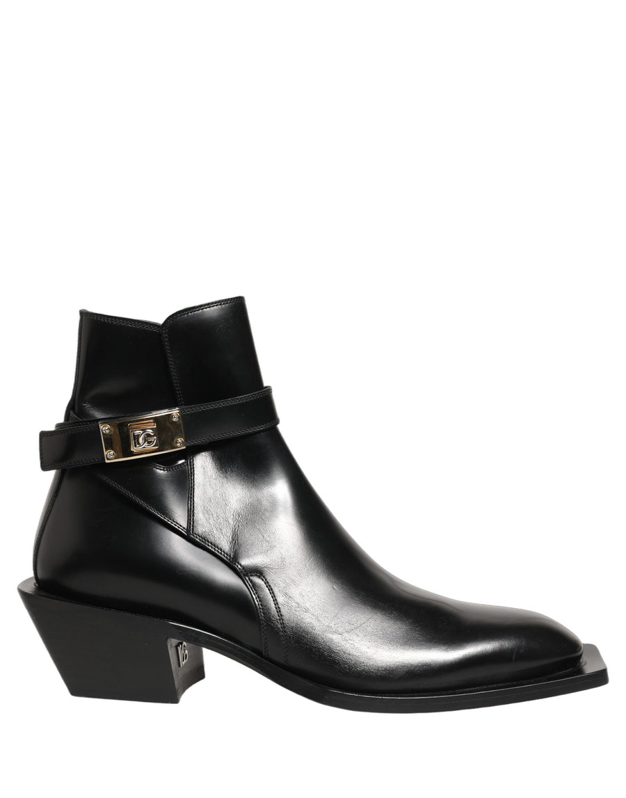 Black Leather DG Plaque Ankle Boots Shoes