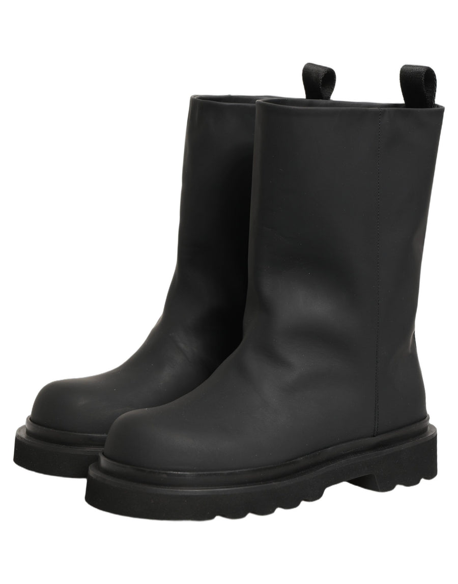 Black Leather Mid Calf Chunky Men Boots Shoes