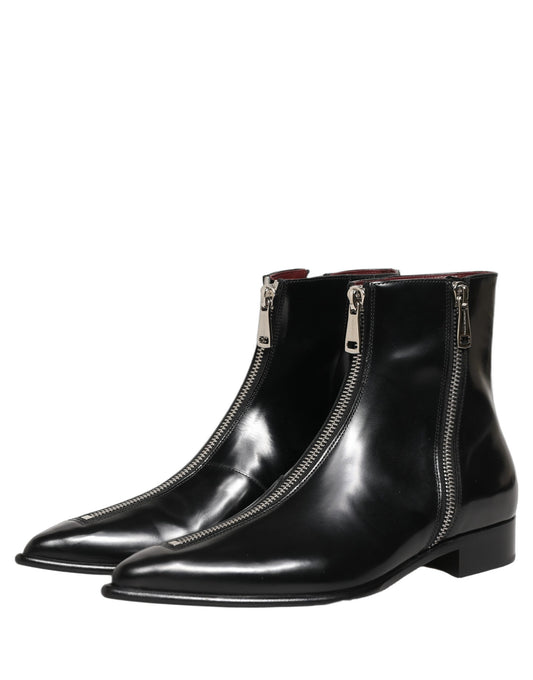 Black Leather Zipper Mid Calf Men Boots Shoes