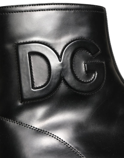 Black Leather Embossed Logo Ankle Boots Shoes