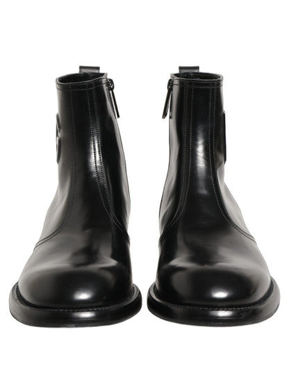 Black Leather Embossed Logo Ankle Boots Shoes