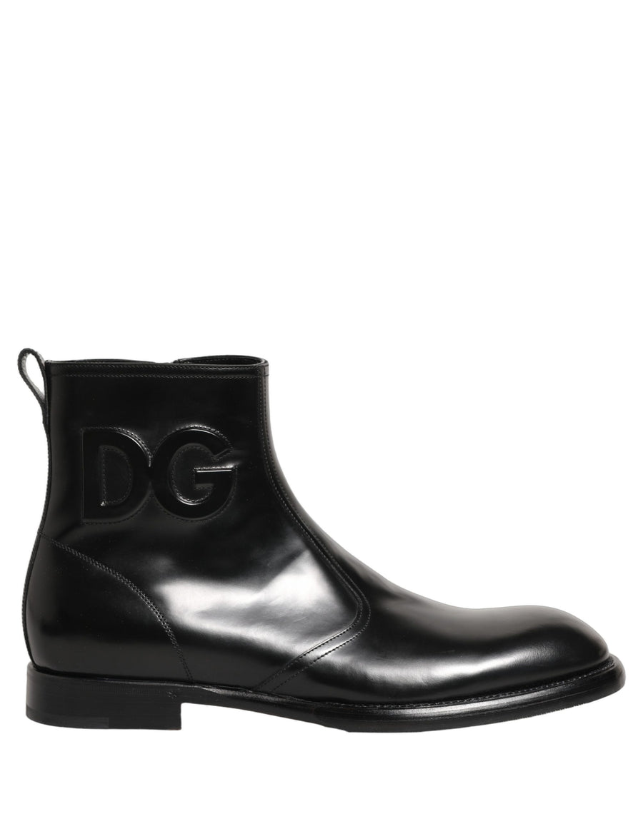 Black Leather Embossed Logo Ankle Boots Shoes