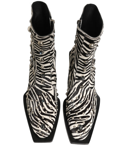 Black White Zebra Embellished Boots Shoes
