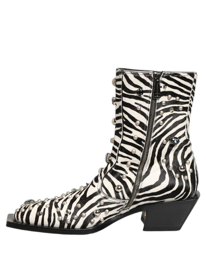 Black White Zebra Embellished Boots Shoes