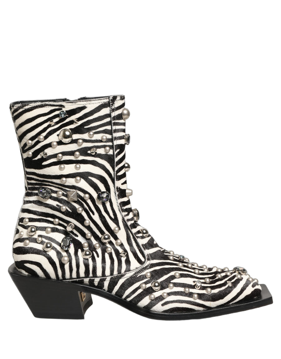 Black White Zebra Embellished Boots Shoes