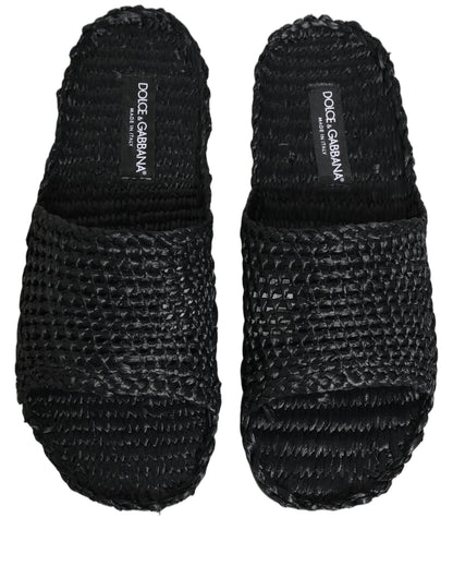 Black Straw Raffia Slides Sandals Flats Shoes