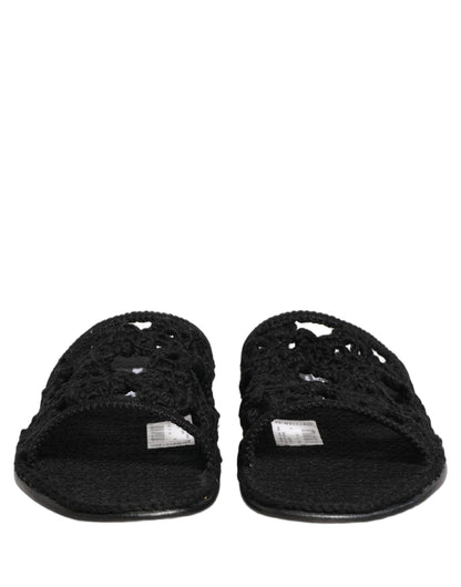 Black Fabric Woven Slides Sandals Flats Shoes
