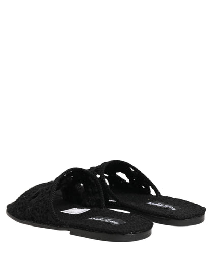 Black Fabric Woven Slides Sandals Flats Shoes