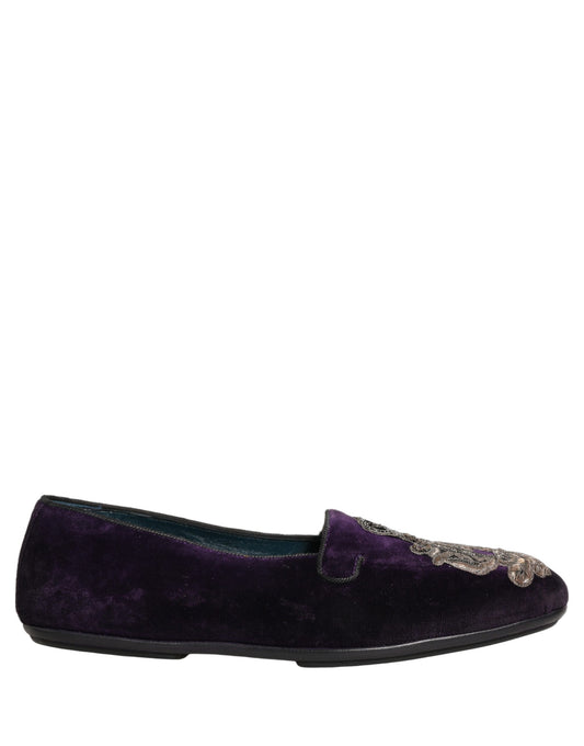 Purple Velvet Crown Embroidery Loafers Shoes