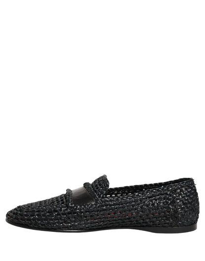 Black Woven Raffia Slip On Loafers Shoes