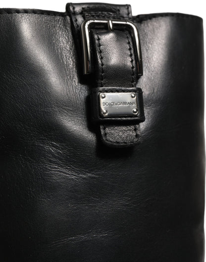 Black Leather Buckle Detail Mid Calf Boots Shoes