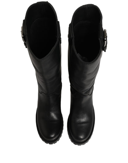 Black Leather Buckle Detail Mid Calf Boots Shoes