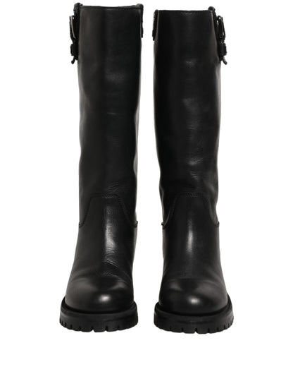 Black Leather Buckle Detail Mid Calf Boots Shoes