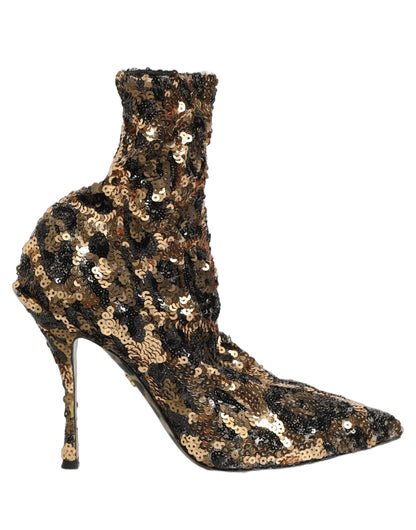 Gold Leopard Sequin Sock Ankle Boots Shoes