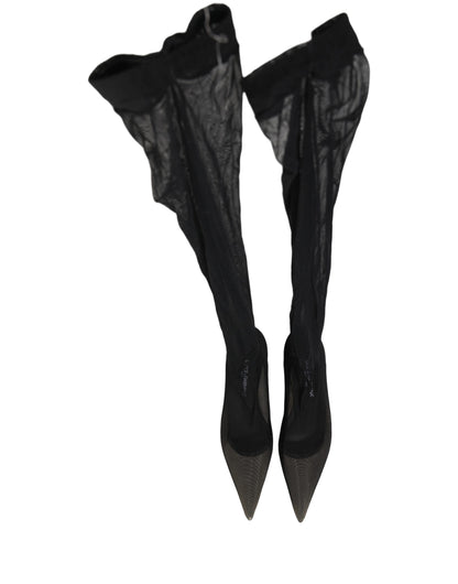 Black Over The Knee Tulle Flats Boots Shoes