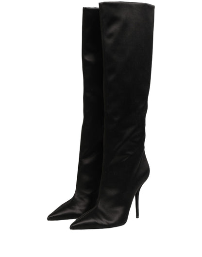 Black Satin Knee High Stiletto Boots Shoes