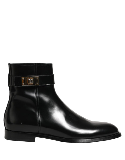 Black Leather Logo Buckle Mid Calf Boots Shoes