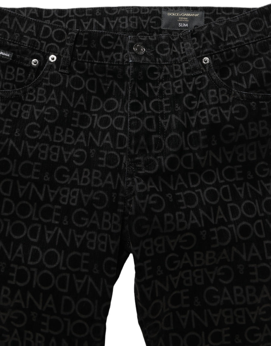 Black Logo Monogram Cotton Slim Denim Jeans