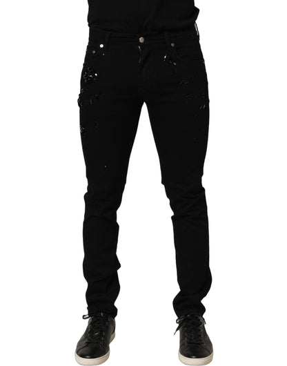Black Embellished Cotton Skinny Denim Jeans