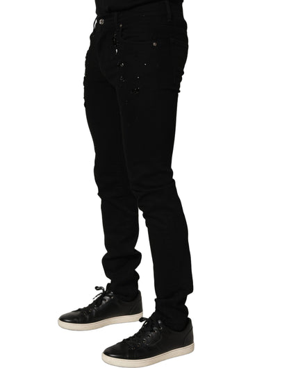 Black Embellished Cotton Skinny Denim Jeans