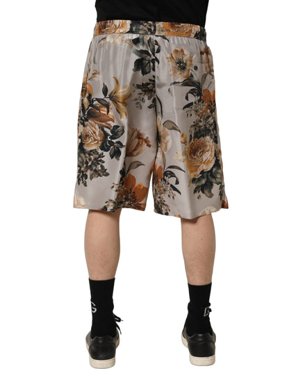 Beige Floral Print Silk Men Bermuda Shorts