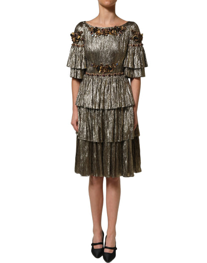 Metallic Gold Embellished Tiered Midi Dress