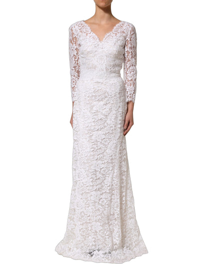 White Cotton Floral Lace Long Gown Dress
