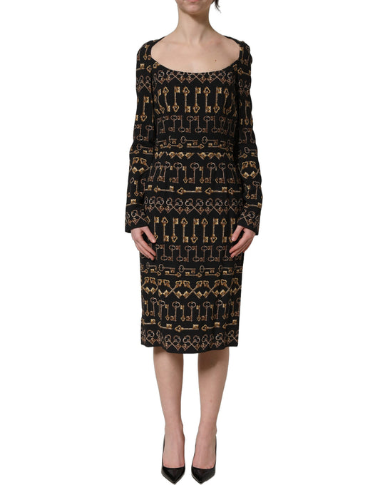 Black Key Print Long Sleeves Sheath Midi Dress