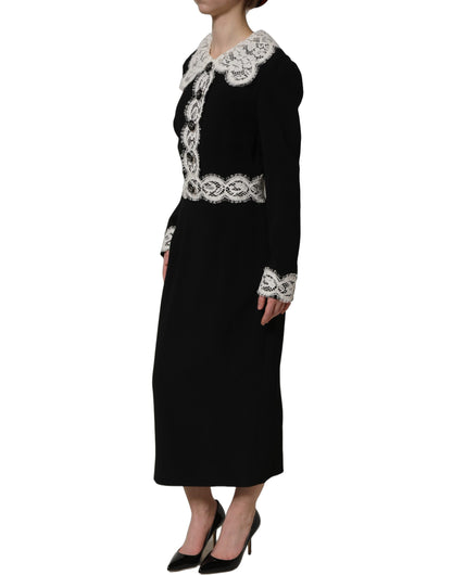 Black Lace Detailing Long Sleeves Midi Dress