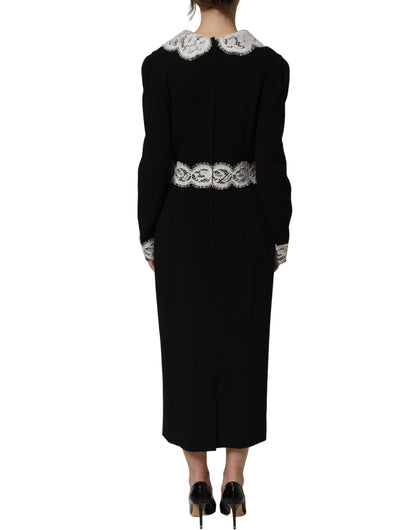 Black Lace Detailing Long Sleeves Midi Dress
