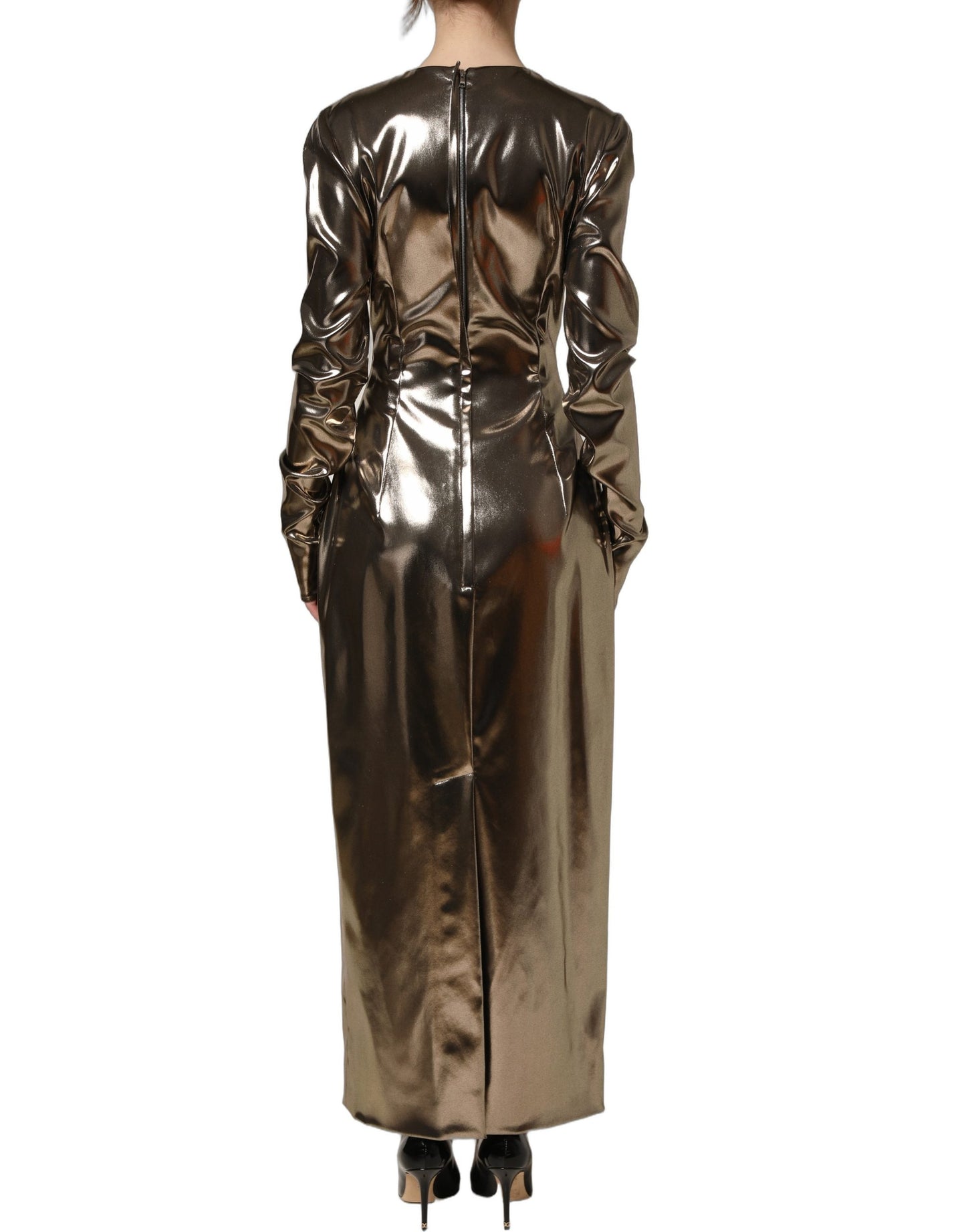 Metallic Gold Polyester LongSleeve Maxi Dress