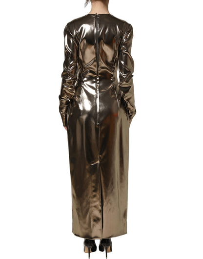 Metallic Gold Polyester LongSleeve Maxi Dress